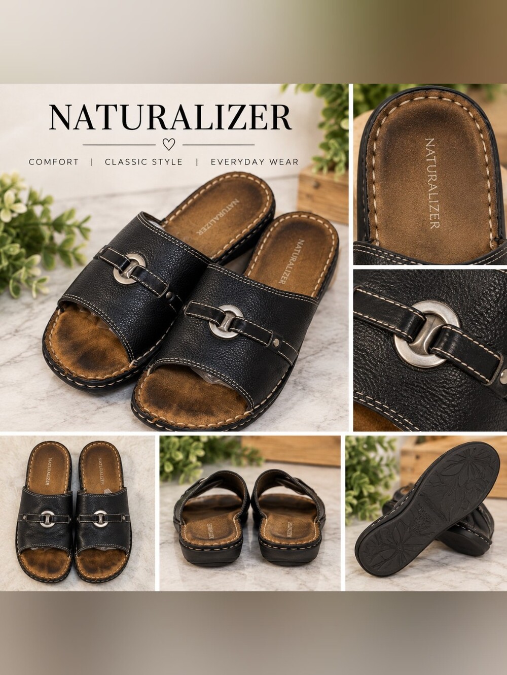 NATURALIZER Black Slide Sandals with Silver Buckle Detail